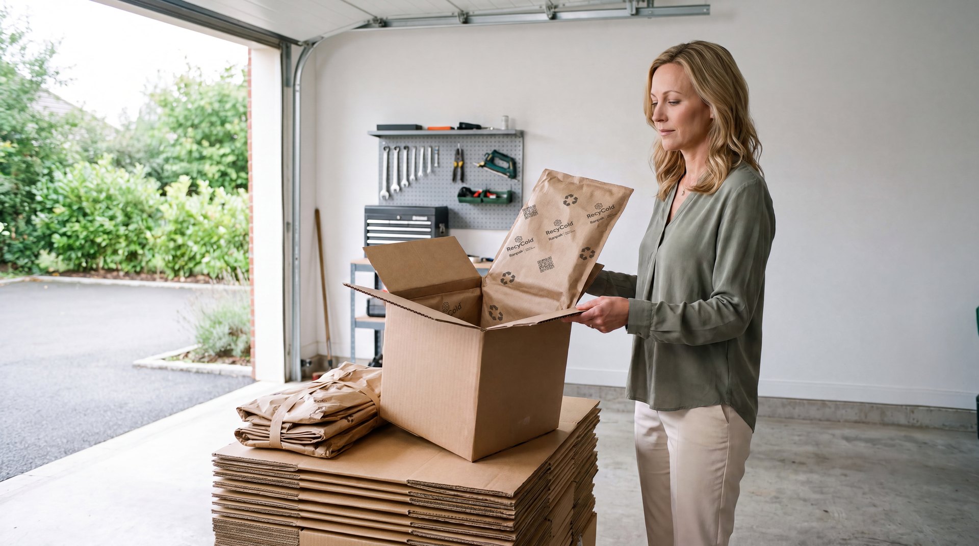 Vrouw in haar garage haalt een papieren koelliner van Ranpak uit een kartonnen doos om hem te recyclen